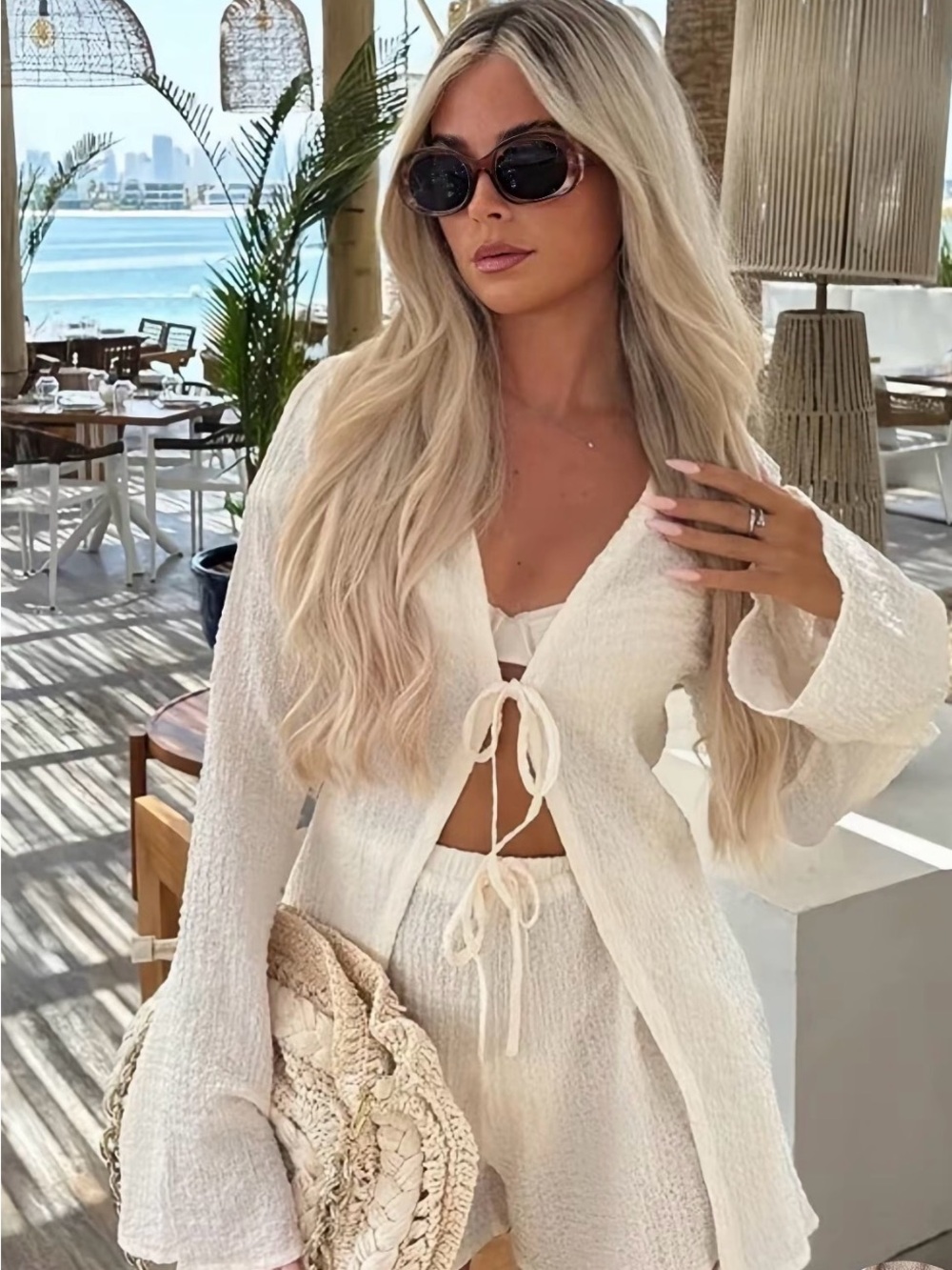 Women's Cream Tie-Front Beach Cover-Up Set